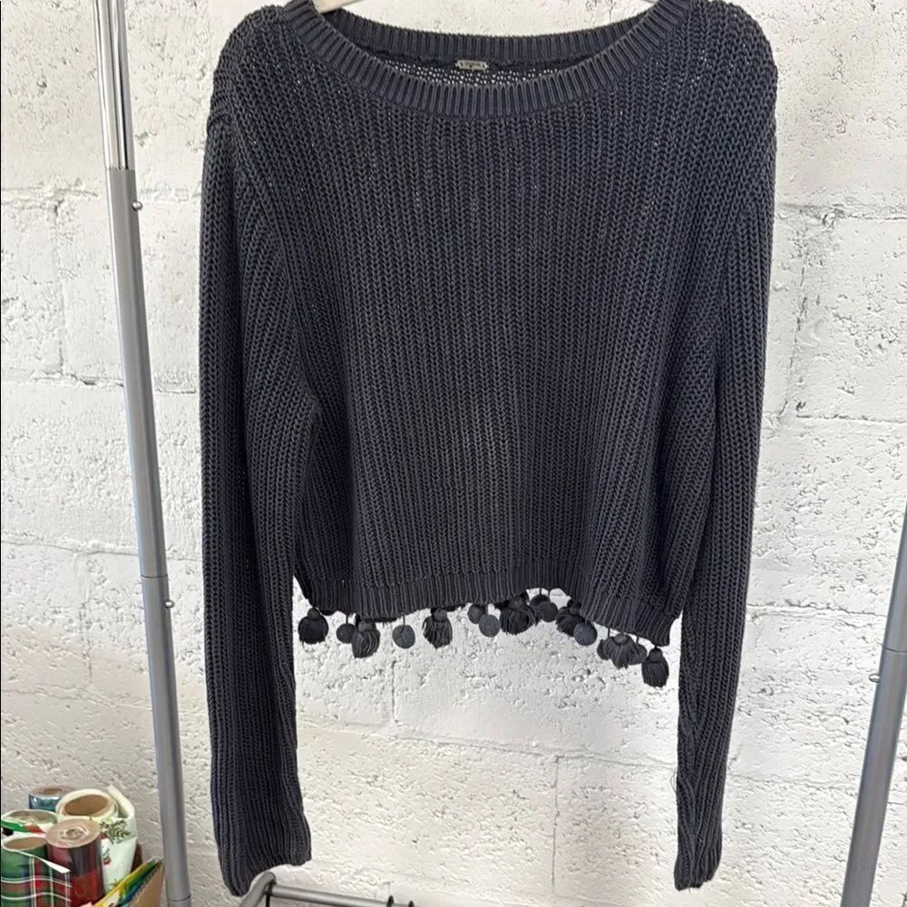 Cozy Black Sweater with Pom-Pom Hem - Chan Lou - Size Small - LIKE NEW